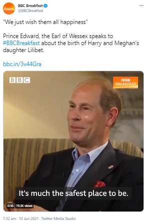 BBCのインタビューに応じたエドワード王子（画像は『BBC Breakfast　2021年6月10日付Twitter「“We just wish them all happiness”」』のスクリーンショット）