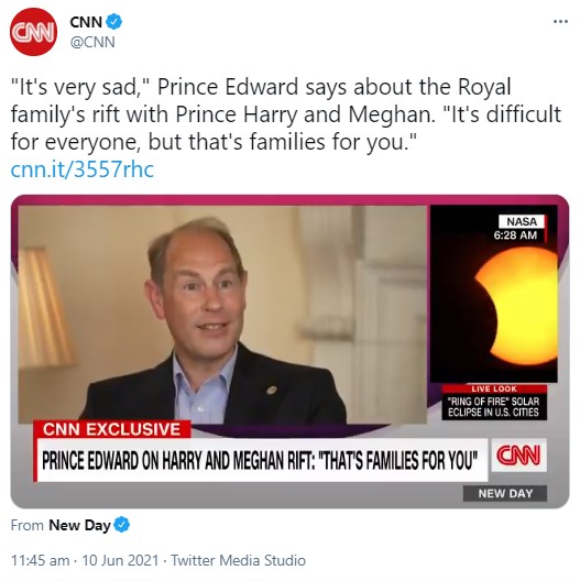 ヘンリー王子と王室の確執は「とても悲しいこと」とエドワード王子（画像は『CNN　2021年6月10日付Twitter「“It’s very sad,” Prince Edward says about the Royal family’s rift with Prince Harry and Meghan.」』のスクリーンショット）