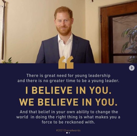 英国帰国後「ダイアナ・アワード・セレモニー」に動画出演したヘンリー王子（画像は『The Diana Award　2021年6月28日付Instagram「There is great need for young leadership and there is no greater time to be a young leader.」』のスクリーンショット）