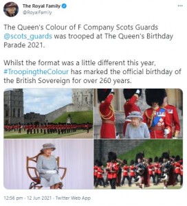 昨年に続き、ウィンザー城でこぢんまりと行われた祝賀式典（画像は『The Royal Family　2021年6月12日付Twitter「The Queen’s Colour of F Company Scots Guards ＠scots_guards was trooped at The Queen’s Birthday Parade 2021.」』のスクリーンショット）