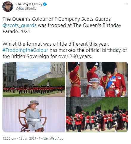 昨年に続き、ウィンザー城でこぢんまりと行われた祝賀式典（画像は『The Royal Family　2021年6月12日付Twitter「The Queen’s Colour of F Company Scots Guards ＠scots_guards was trooped at The Queen’s Birthday Parade 2021.」』のスクリーンショット）