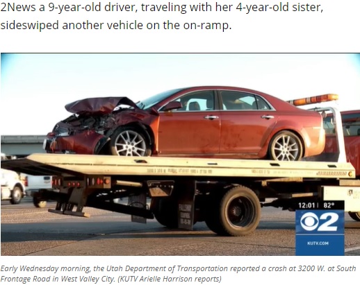 レッカー移動される事故車（画像は『KUTV　2021年6月2日付「9-year-old driver, 4-year-old passenger, crash into semi in Utah」（Photo: KUTV）』のスクリーンショット）