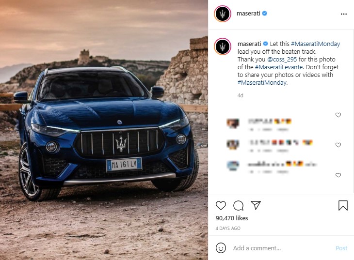 「マセラティ」のレヴァンテ（画像は『Maserati　2021年6月14日付Instagram「Let this ＃MaseratiMonday lead you off the beaten track.」』のスクリーンショット）