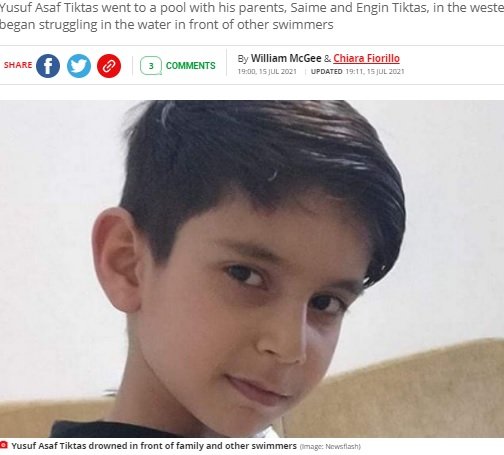 プールで溺死した8歳男児（画像は『The Mirror　2021年7月15日付「Boy, 8, dies after drowning in swimming pool in front of family and sunbathers」（Image: Newsflash）』のスクリーンショット）