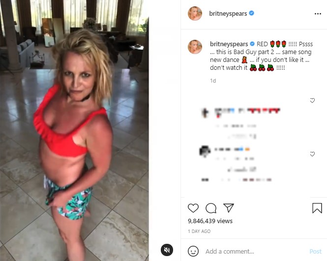 ブリトニーのダンス動画、妹への反論とみられる言葉は差し替えられていた（画像は『Britney Spears　2021年7月18日付Instagram「RED」』のスクリーンショット）