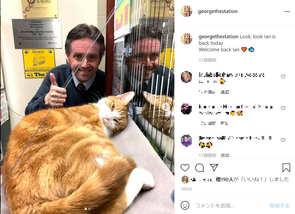 イアンさんは引退後、ジョージを自宅に連れて帰る予定とのこと（画像は『George, The Station Cat　2021年3月6日付Instagram「Look, look Ian is back today」』のスクリーンショット）