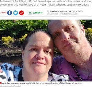 【海外発！Breaking News】末期がんの男性、結婚式場でバージンロードを歩く妻を背に亡くなる「運命は残酷」（スコットランド）