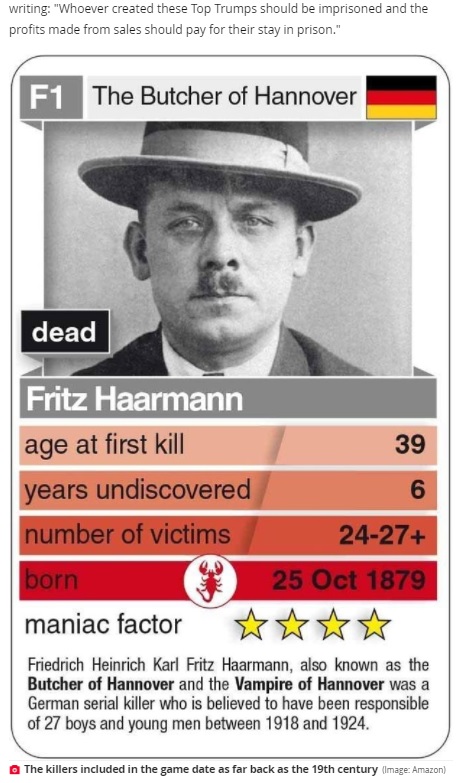 初犯時の年齢や被害者数などで対戦するカードゲーム（画像は『The Daily Star　2021年7月19日付「‘Sick’ serial killer card game puts world’s worst men head to head in murder face off」（Image: Amazon）』のスクリーンショット）