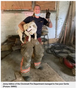 無事に救出でき、ジェニーさんも笑顔でピース（画像は『Metro　2021年7月21日付「Firefighters smash through wall to rescue dog trapped inside for five days」（Picture: SWNS）』のスクリーンショット）