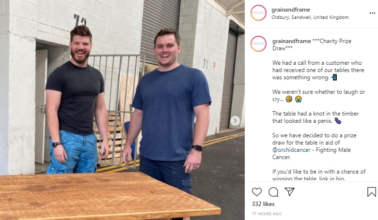 オーダーメイドのダイニングテーブル専門店を経営する2人（画像は『GRAIN ＆ FRAME　2021年7月28日付Instagram「Charity Prize Draw」』のスクリーンショット）