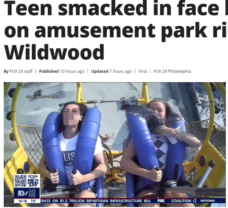 驚きながらもカモメを掴んで追い払ったカイリーさん（画像は『FOX 29 News Philadelphia　2021年7月23日付「Teen smacked in face by seagull on amusement park ride in Wildwood」』のスクリーンショット）