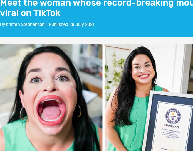 「世界一大きな口」でギネス世界記録の認定を受けたサマンサさん（画像は『Guinness World Records　2021年7月28日付「Meet the woman whose record-breaking mouth gape went viral on TikTok」』のスクリーンショット）