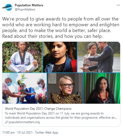 英チャリティ団体「Population Matters」が発表した受賞者達（画像は『Population Matters　2021年7月10日付Twitter「We're proud to give awards to people from all over the world who are working hard to empower and enlighten people, and to make the world a better, safer place.」』のスクリーンショット）