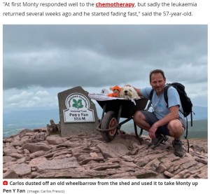 頂上で記念撮影するカルロスさんとモンティ（画像は『WalesOnline　2021年7月7日付「Man pushed his dying dog up Pen y Fan in a wheelbarrow for ‘one last adventure together’」（Image: Carlos Fresco）』のスクリーンショット）
