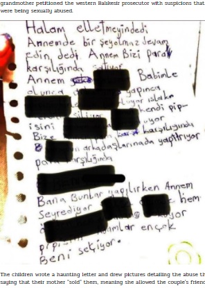 子供が書いた文章の一部（画像は『Duvar English　2021年6月29日付「Turkey enraged over release of parents who abused, ‘sold’ kids for sex」』のスクリーンショット）