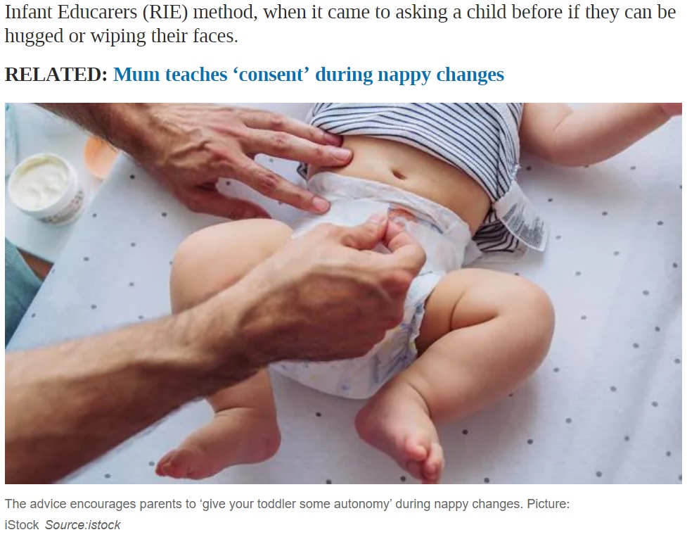 オムツ替えをするのに赤ちゃんの同意は必要なのか？（画像は『news.com.au　2021年6月29日付「Aussie childcare chain tells parents how to perform ‘respectful nappy changes’」（Picture: iStock）』のスクリーンショット）