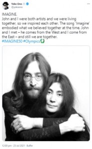 オノ・ヨーコ、亡き夫ジョンとの写真とともにコメントを発表（画像は『Yoko Ono　2021年7月23日付Twitter「IMAGINE.」』のスクリーンショット）