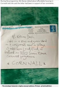 実際に届いた手紙（画像は『Metro　2021年7月1日付「Letter addressed to ‘woman in Cornwall shed’ arrives at its correct home」（Picture: ＠CatrinaWriter）』のスクリーンショット）