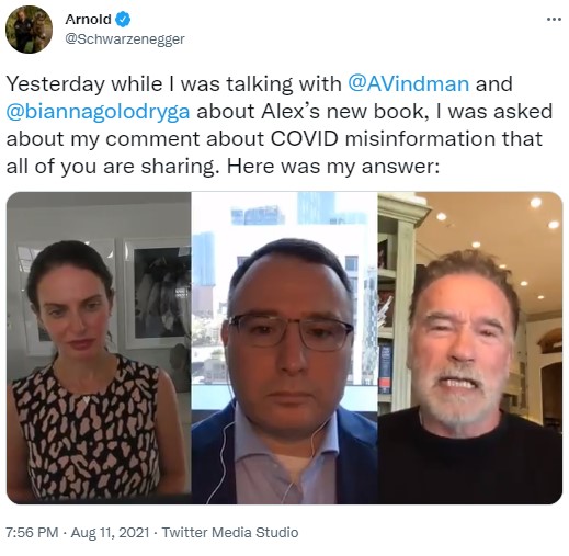 CNNのインタビューで反マスク派を批判するアーノルド（画像は『Arnold　2021年8月11日付Twitter「Yesterday while I was talking with ＠AVindman and ＠biannagolodryga about Alex’s new book, I was asked about my comment about COVID misinformation that all of you are sharing.」』のスクリーンショット）