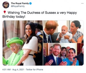 英王室は公式Twitterでメーガン妃の誕生日を祝福（画像は『The Royal Family　2021年8月4日付Twitter「Wishing The Duchess of Sussex a very Happy Birthday today!」』のスクリーンショット）
