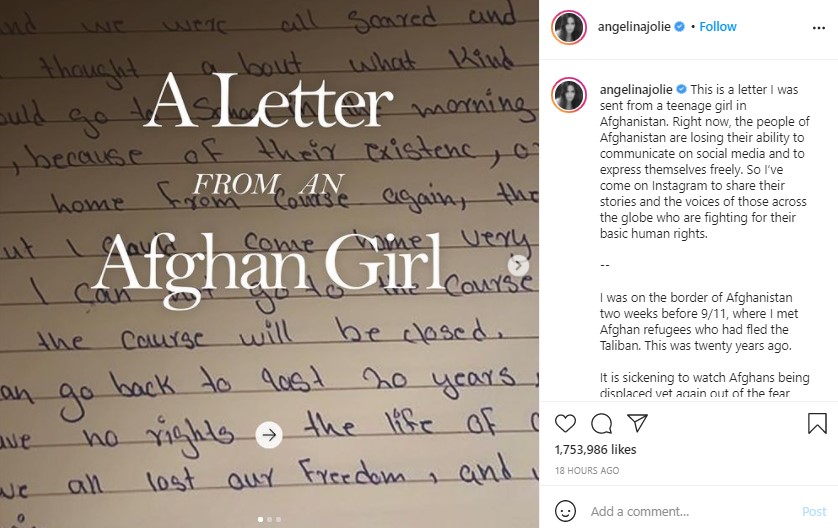 アフガニスタンに住む少女から届いた手紙（画像は『Angelina Jolie　2021年8月20日付Instagram「This is a letter I was sent from a teenage girl in Afghanistan.」』のスクリーンショット）