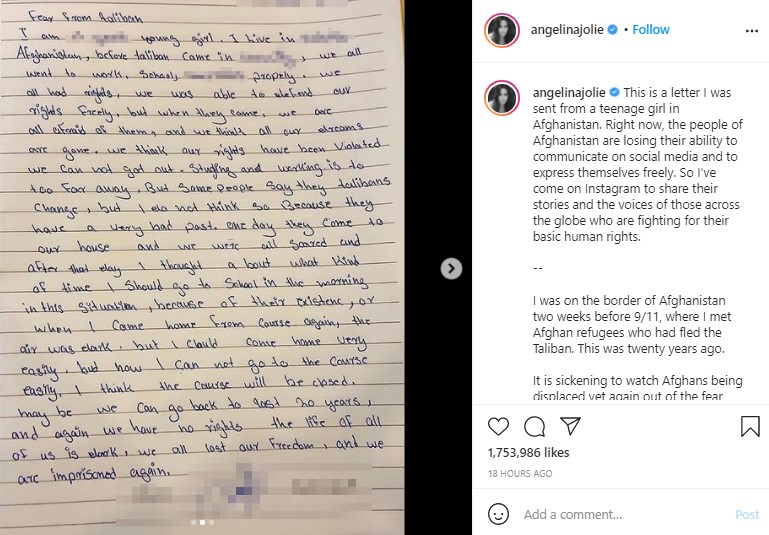 タリバン支配下となったアフガニスタンでの不安が綴られていた（画像は『Angelina Jolie　2021年8月20日付Instagram「This is a letter I was sent from a teenage girl in Afghanistan.」』のスクリーンショット）