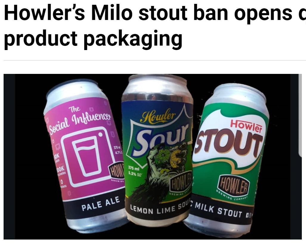 Instagramやスプライトのロゴに似せたデザインの缶ビールも販売（画像は『Inside FMCG　2021年8月13日付「Howler’s Milo stout ban opens questions around product packaging」』のスクリーンショット）