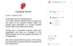 チャーリーの訃報を伝える声明文（画像は『The Rolling Stones　2021年8月25日付Instagram』のスクリーンショット）