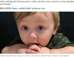亡くなった生後10か月のドレイデン君（画像は『news.com.au　2021年8月8日付「Baby drowns in bath tub after “drugged’ mum passes out」（Picture: Facebook Source:Supplied）』のスクリーンショット）