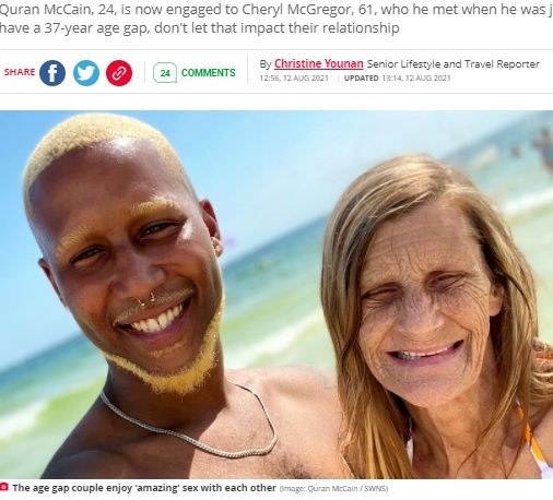 37歳の年齢差があるカップル（画像は『The Daily Star　2021年8月12日付「Gran, 61, engaged to 24-year-old describes ‘amazing’ sex life with toyboy lover」（Image: Quran McCain / SWNS）』のスクリーンショット）