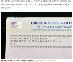 パスポートにはしっかりと新しいミドルネームが記載された（画像は『MyLondon　2021年8月18日付「West London mum called Tinkerbell wins 18 month battle to get her name on her passport」（Image: Grahame Larter/ MyLondon）』のスクリーンショット）