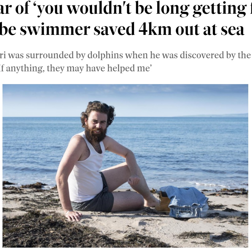 「イルカが助けようとしてくれたのかも」と生還した男性（画像は『Independent.ie　2021年8月25日付「Star of ‘you wouldn't be long getting frostbit’ video revealed to be swimmer saved 4km out at sea」』のスクリーンショット）