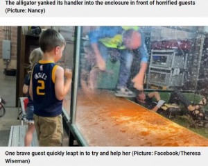 左手を噛まれる調教師と水槽内に入ろうとするドニーさん（画像は『Metro　2021年8月17日付「Alligator dragged handler into its enclosure in front of child’s birthday party」（Picture: Facebook/Theresa Wiseman）』のスクリーンショット）