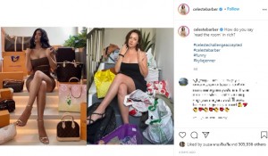 ルイ・ヴィトンのバッグに囲まれるカイリー・ジェンナー（左）と生活感たっぷりのセレステさん（画像は『Celeste Barber　2021年8月11日付Instagram「How do you say ‘read the room’ in rich?」』のスクリーンショット）