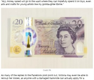 イギリスの20ポンド札（画像は『LADbible　2021年8月25日付「Mum Left In Hysterics After Daughter Cuts Up Banknotes To Use Queen’s Face On Dolls」（Credit: PA）』のスクリーンショット）