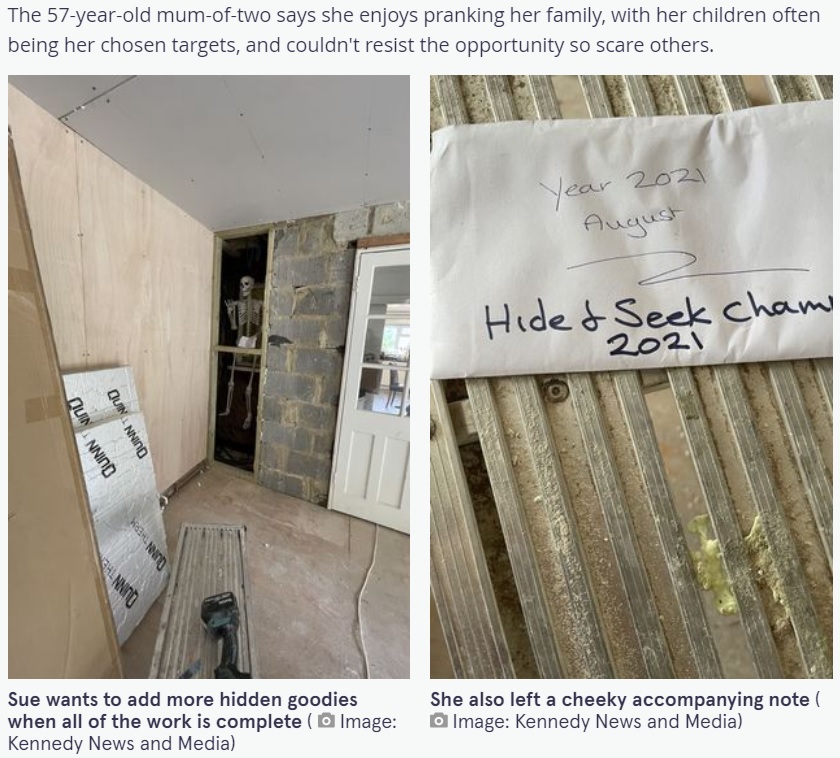 壁の中に隠したガイコツと次の住人宛ての封筒（画像は『The Mirror　2021年8月13日付「Mum leaves skeleton ‘prank’ in walls of her home for next owners to find」（Image: Kennedy News and Media）』のスクリーンショット）