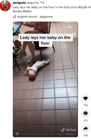 「これはNG！」と非難殺到（画像は『Jaygunna　2021年7月5日付TikTok「Lady lays her baby on the floor in the food court」』のスクリーンショット）