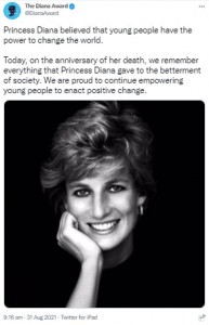 「ダイアナ・アワード」も妃を偲ぶ（画像は『The Diana Award　2021年8月31日付Twitter「Princess Diana believed that young people have the power to change the world.」』のスクリーンショット）