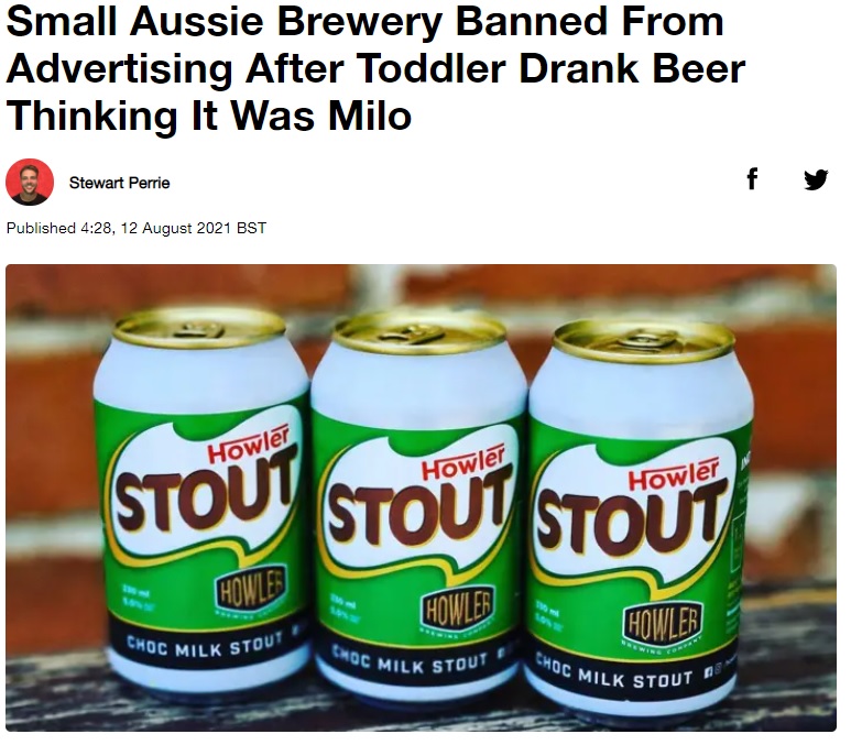 ミロそっくりのデザインの缶ビール（画像は『LADbible　2021年8月12日付「Small Aussie Brewery Banned From Advertising After Toddler Drank Beer Thinking It Was Milo」』のスクリーンショット）