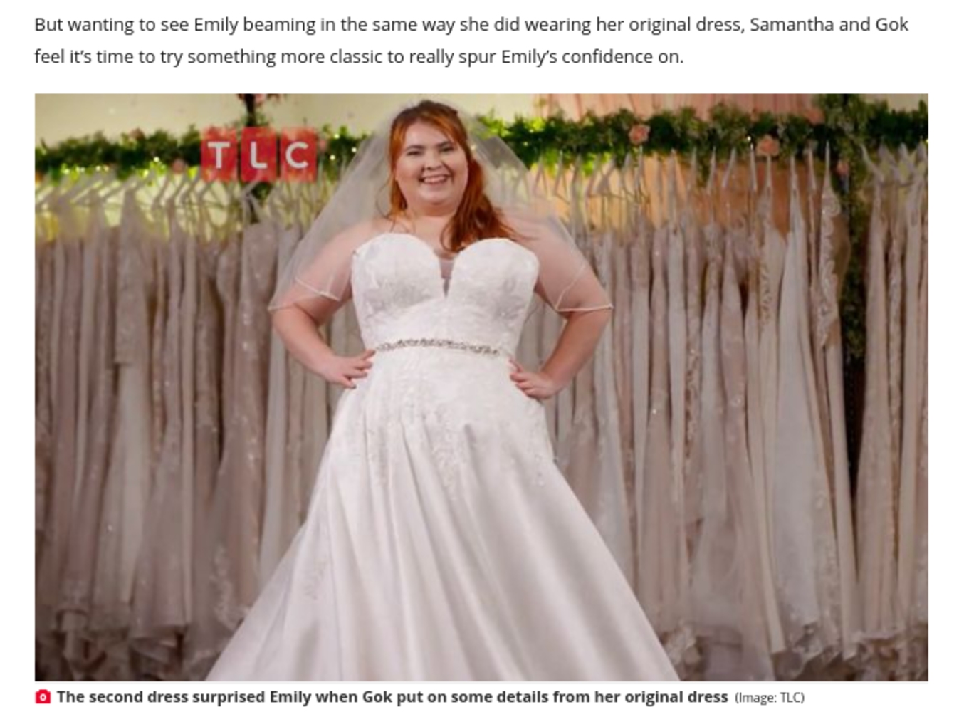 新しいドレスを着て自信を取り戻したエミリーさん（画像は『The Daily Star　2021年8月28日付「Bride who recovered from car accident overjoyed after trying on dream wedding dress」（Image: TLC）』のスクリーンショット）