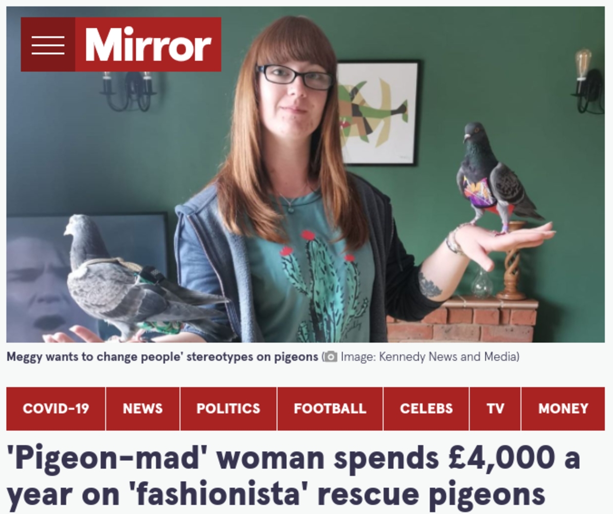 ハトを愛してやまない23歳の女性（画像は『The Mirror　2021年9月13日付「‘Pigeon-mad' woman spends ￡4,000 a year on ‘fashionista’ rescue pigeons」（Image: Kennedy News and Media）』のスクリーンショット）