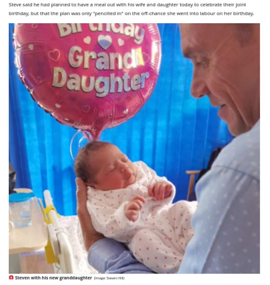 孫娘の誕生を喜ぶスティーブンさん（画像は『Liverpool Echo　2021年9月22日付「Family defy the odds with three generations sharing the same birthday」（Image: Steven Hill）』のスクリーンショット）