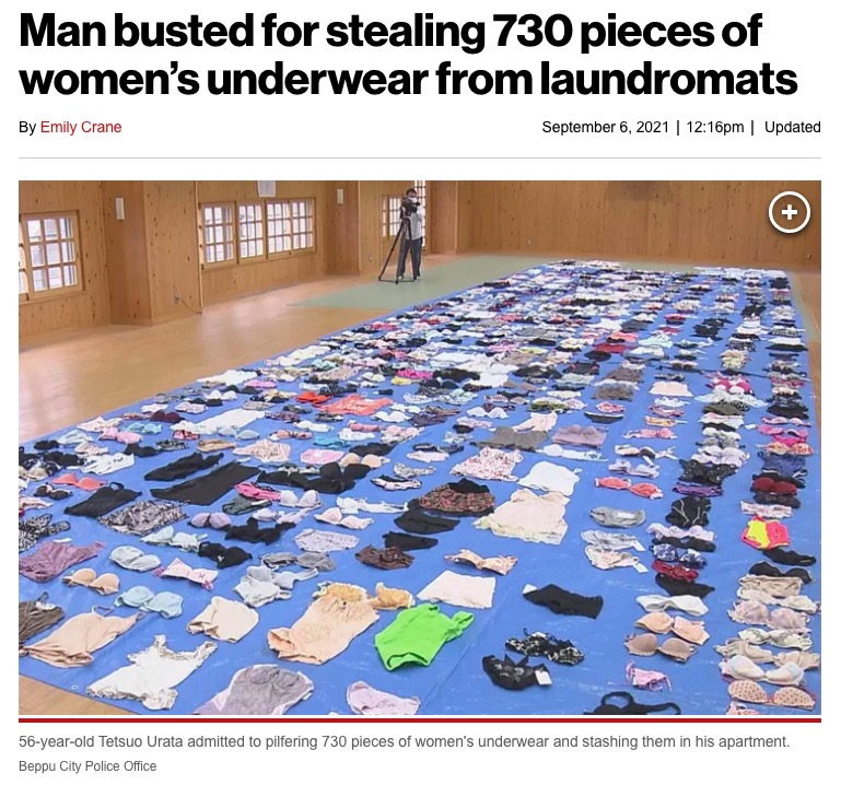 大分・別府警察署が公表した押収品が海外でも話題に（画像は『New York Post　2021年9月6日付「Man busted for stealing 730 pieces of women’s underwear from laundromats」（Beppu City Police Office）』のスクリーンショット）
