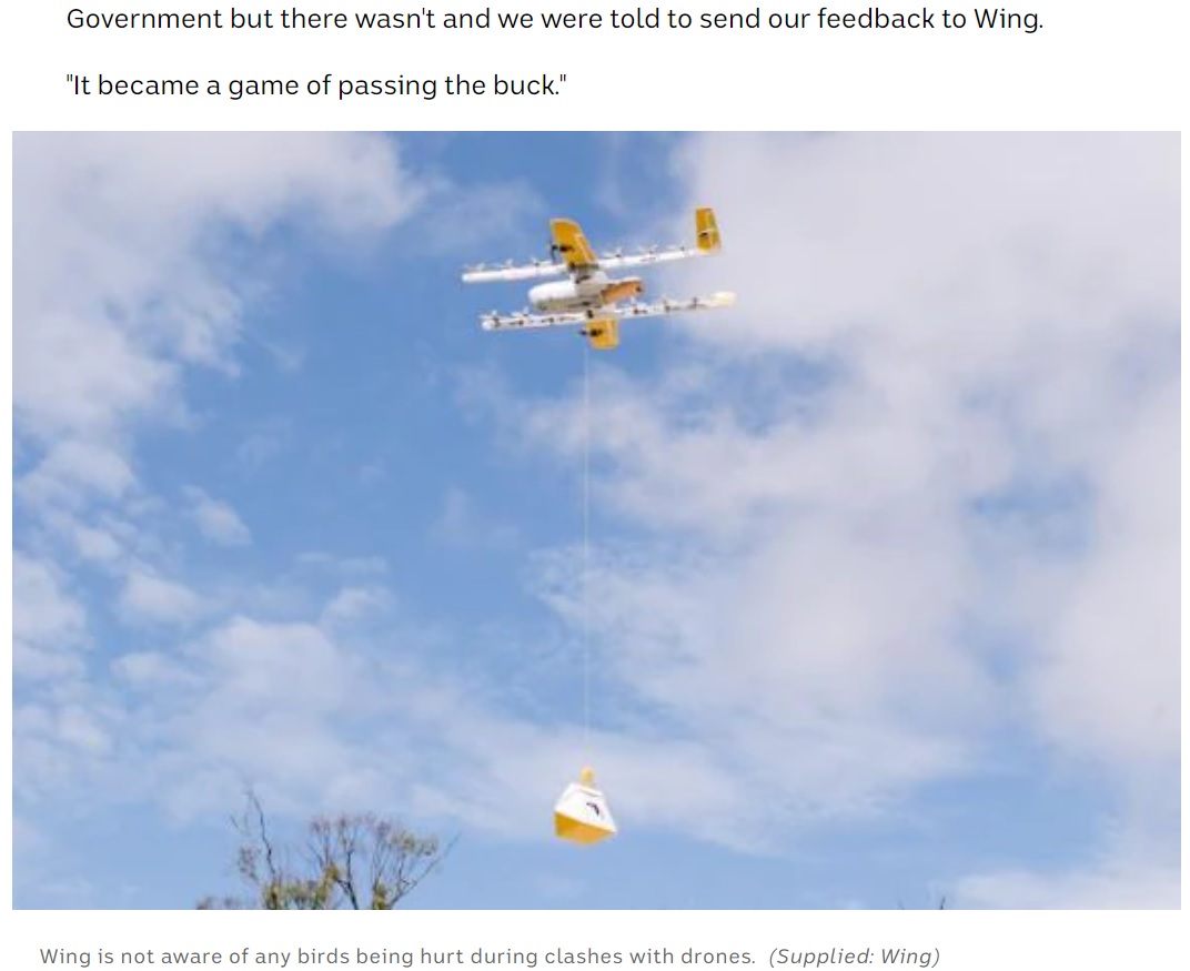 無人で荷物を届けるドローンによるデリバリーサービス（画像は『ABC News　2021年9月22日付「‘Territorial’ ravens disrupt surge in Wing drone deliveries under Canberra’s lockdown」（Supplied: Wing）』のスクリーンショット）