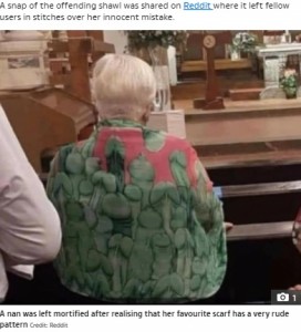 教会で大胆なデザインのブラウスを着る女性（画像は『The Sun　2021年9月28日付「DIS-DRESS Nan mortified after realising that there’s a VERY rude pattern on her favourite scarf」（Credit: Reddit）』のスクリーンショット）
