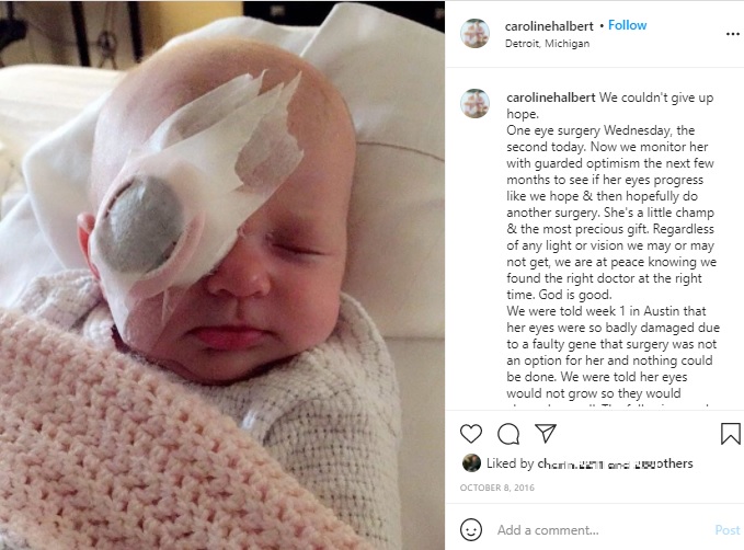 目の手術をしたばかりのプレスリーちゃん（画像は『Caroline Halbert　2016年10月8日付Instagram「We couldn’t give up hope.」』のスクリーンショット）