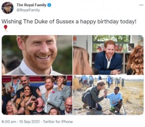 思い出の写真とともにヘンリー王子の誕生日を祝福したエリザベス女王（画像は『The Royal Family　2021年9月15日付Twitter「Wishing The Duke of Sussex a happy birthday today!」』のスクリーンショット）
