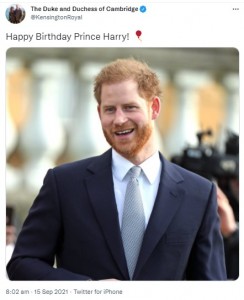 ウィリアム王子夫妻もヘンリー王子の誕生日を祝う（画像は『The Duke and Duchess of Cambridge　2021年9月15日付Twitter「Happy Birthday Prince Harry!」』のスクリーンショット）