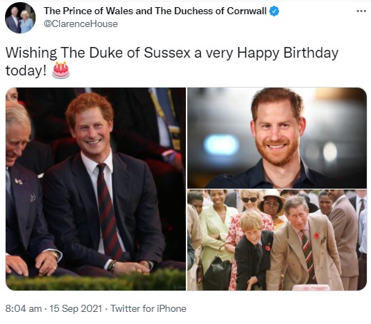 ヘンリー王子との思い出の写真を公開したチャールズ皇太子（画像は『The Prince of Wales and The Duchess of Cornwall　2021年9月15日付Twitter「Wishing The Duke of Sussex a very Happy Birthday today!」』のスクリーンショット）