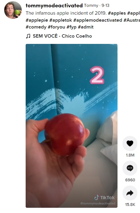 2個目のリンゴは枕の下に（画像は『Tommy　2021年9月13日付TikTok「The infamous apple incident of 2019.」』のスクリーンショット）